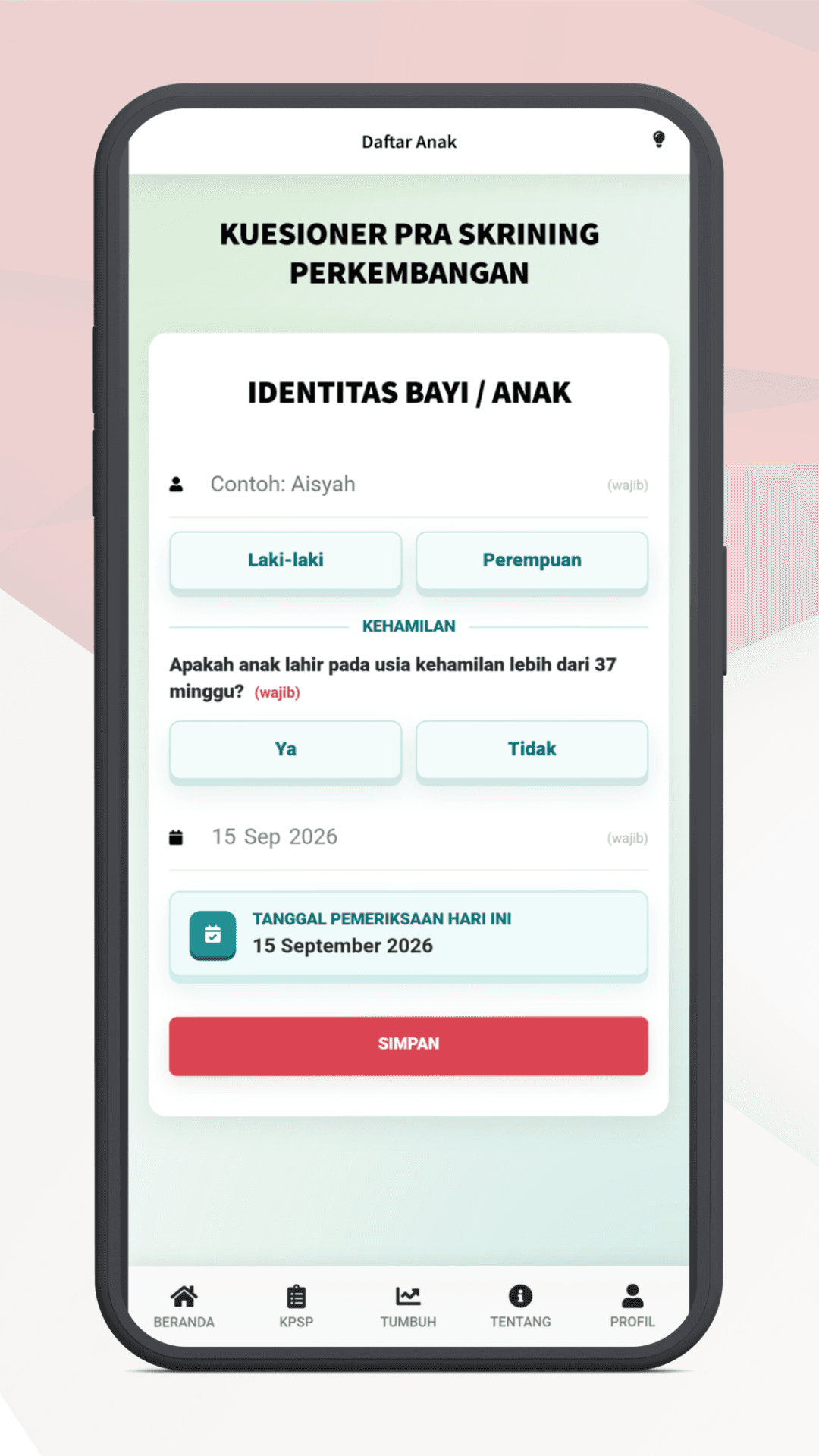 Pendaftaran anak pada aplikasi DTAM
